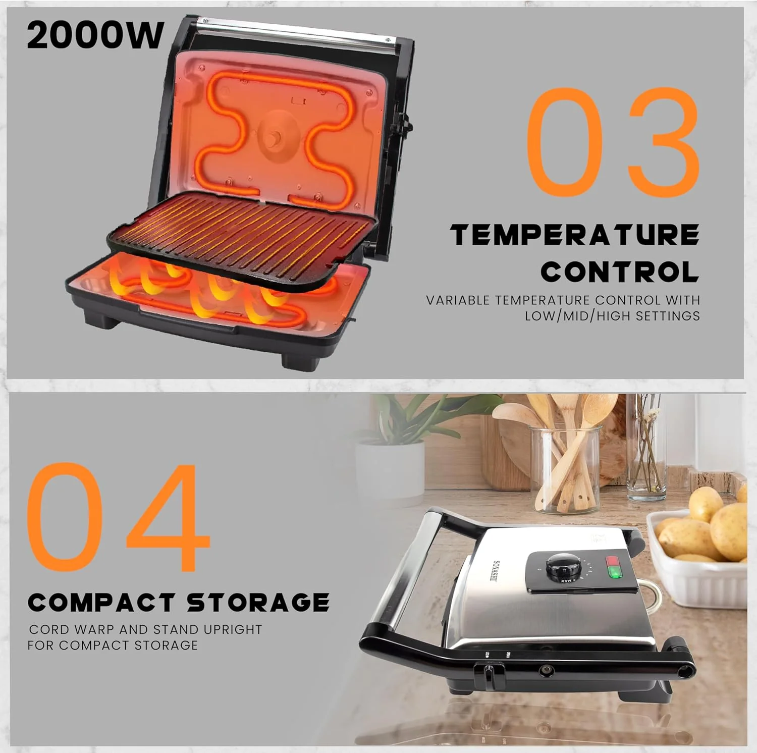 Sonashi 2000W Contact Grill SGT-854 – 4 Slice Press Grill & Sandwich Maker with Dual Indicator, Temperature Control, Removable Drip Tray | Kitchen Appliance - Image 5