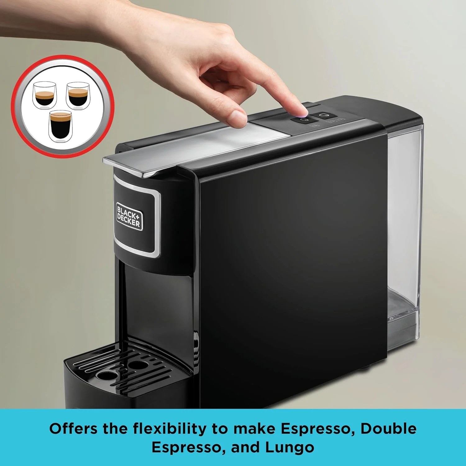 BLACK+DECKER Capsule Coffee Machine, 1140W, Compatible with Espresso Coffee Capsules, Espresso and Lungo Option, Compact Design, One-Touch Control, Fast Brewing, Removable Drip Tray, Black- CCM100-B5 - Image 3