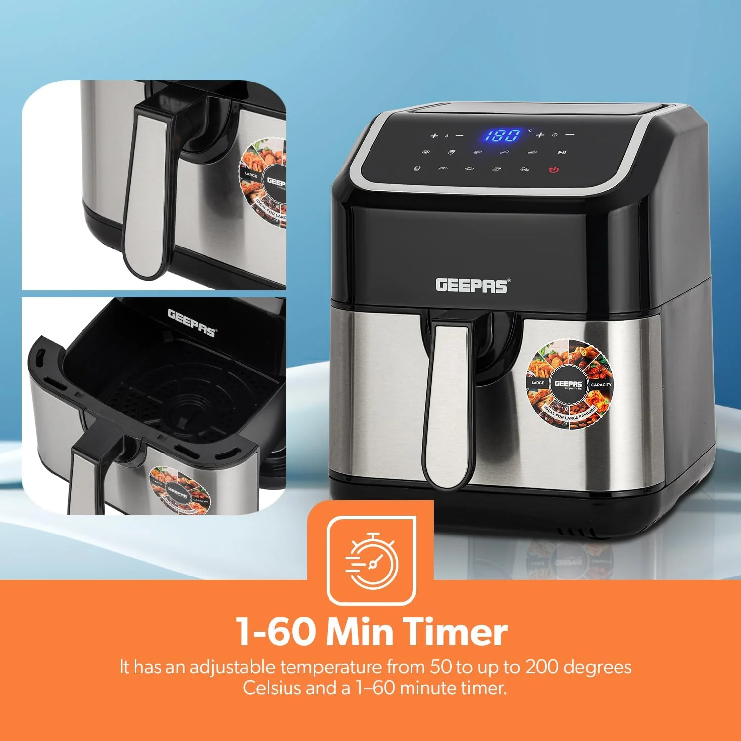 Geepas 5L Digital Air Fryer with Vortex – 10-in-1 Convection Air Fryer with LED Touchscreen, 60 Minutes Timer & Non-Stick Basket – Oil Free Toaster Oven - Image 3