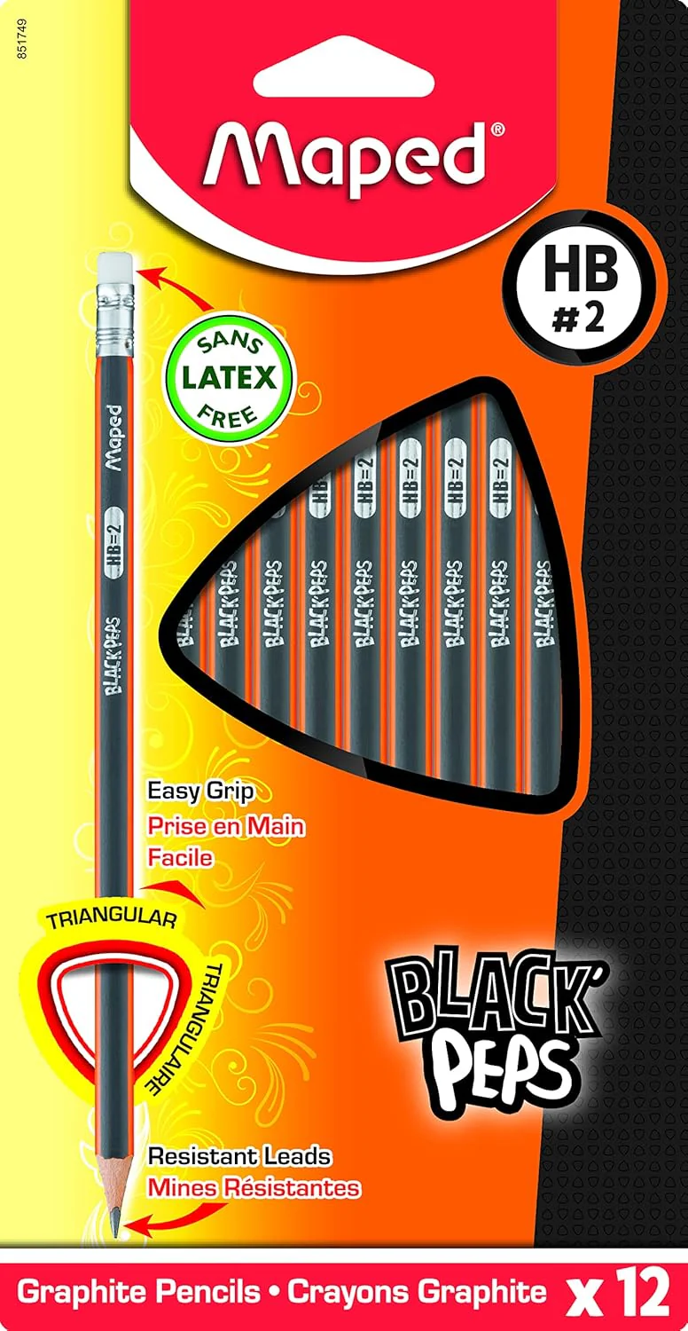 Maped Black'Peps HB #2 Graphite Pencils with Eraser Tip – Pack of 12
