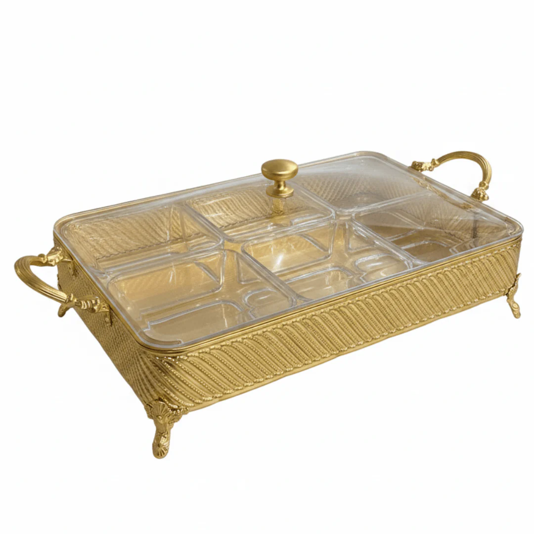 Silu 6-Section Acrylic Candy Display Box with Gold Metal Holder – Elegant Organizer for Dry Fruits, Nuts & Chocolates – 35 × 28 cm