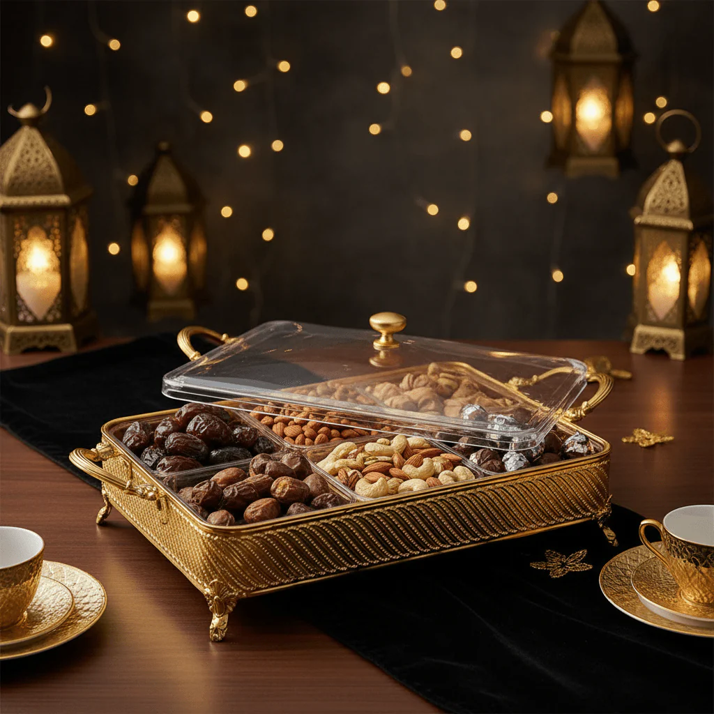 Silu 6-Section Acrylic Candy Display Box with Gold Metal Holder – Elegant Organizer for Dry Fruits, Nuts & Chocolates – 35 × 28 cm - Image 2
