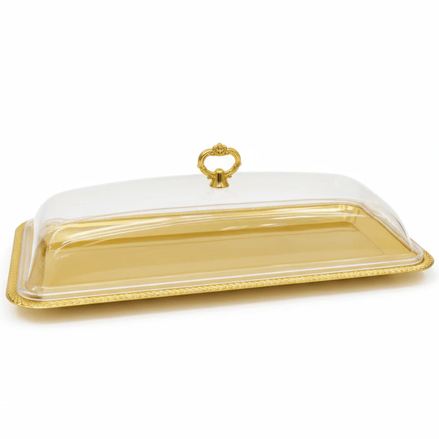 Silu GrandServe Luxury Golden Metal Rectangular Serving Tray with Acrylic Cover Large Display Tray 54×18cm