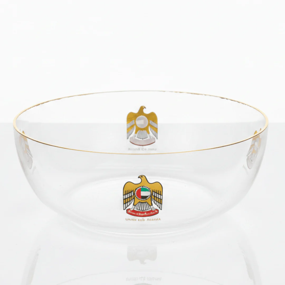 Silu Premium Glass Serving Bowl with UAE  Falcon Emblem & Gold Rim – 20cm