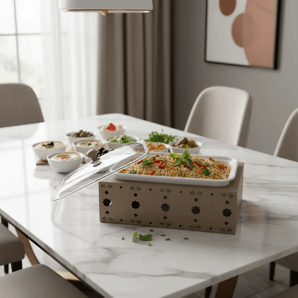 Silu Premium White Rectangular Ceramic Serving Tray  Dish with Taupe Metal Stand and Heat-Resistant Glass Lid for Serving and Dining (32 × 20 cm) - Image 2