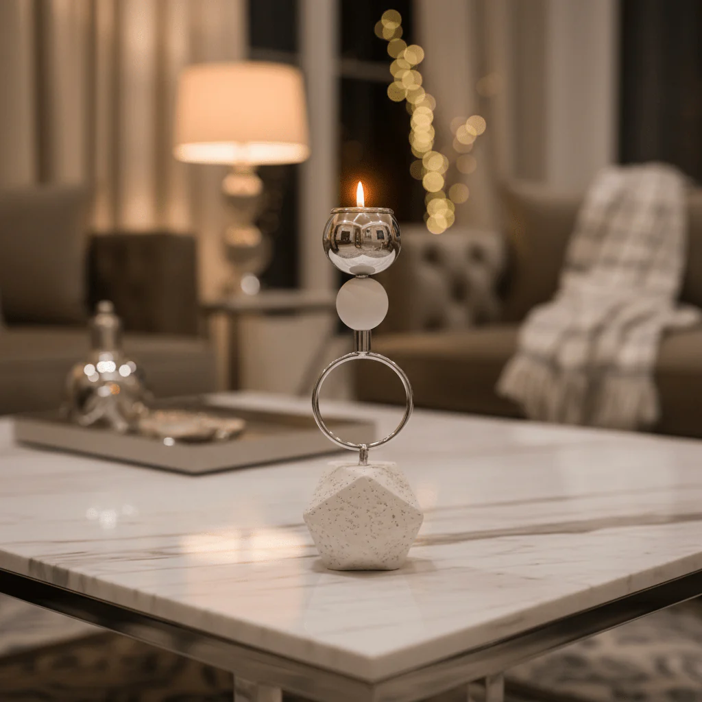 Silver metal candle holder with elegant chalk base 22cm - Image 2