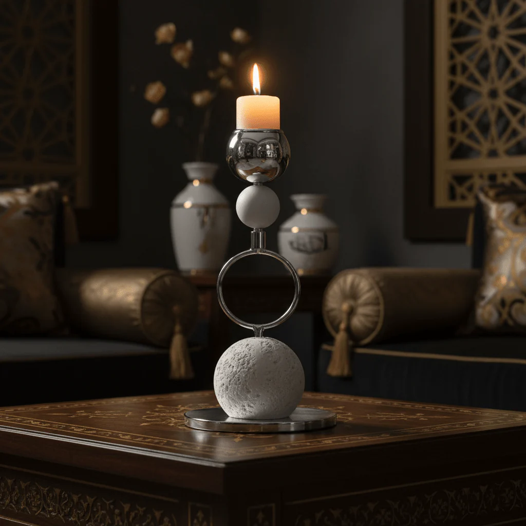 Silver Metal Candle Holder with Round Chalk Base – 20cm - Image 3