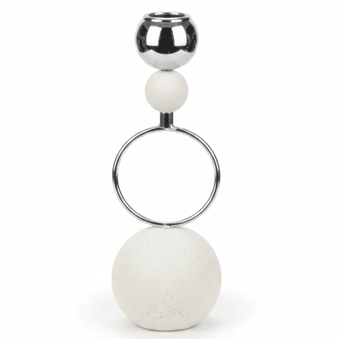 Silver Metal Candle Holder with White Round Chalk Base for Table Centerpieces – 23cm