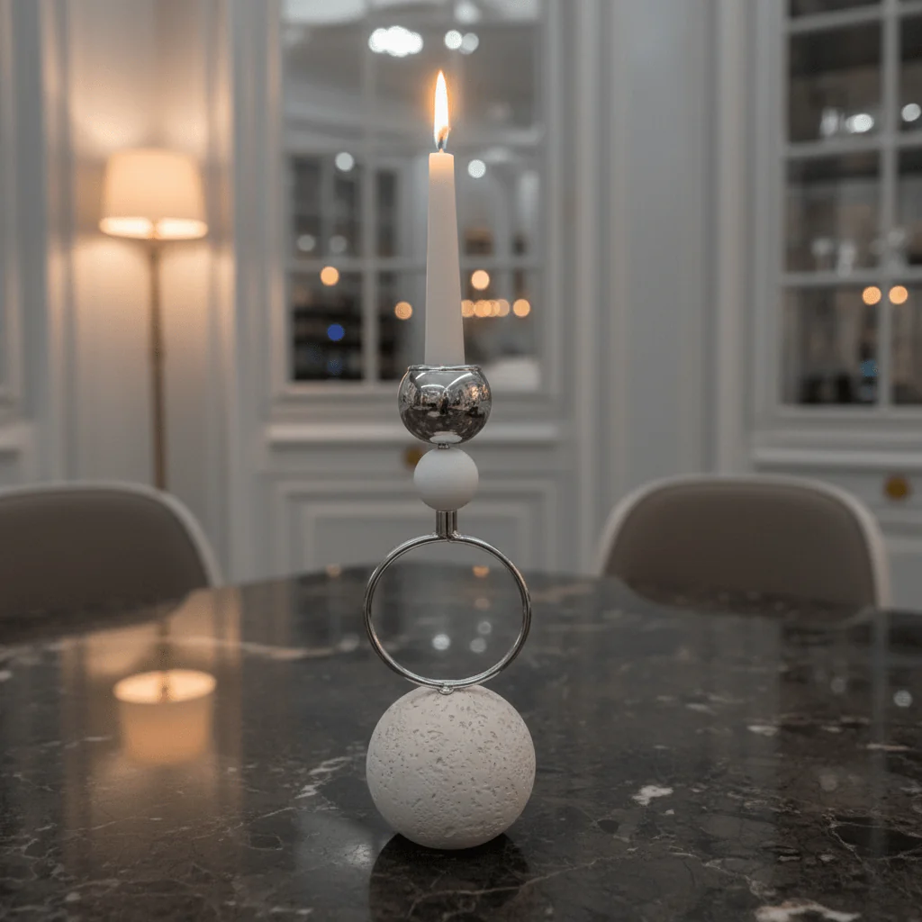 Silver Metal Candle Holder with White Round Chalk Base for Table Centerpieces – 23cm - Image 2