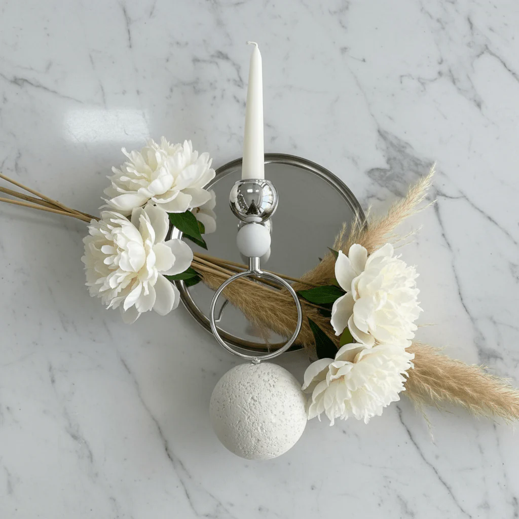 Silver Metal Candle Holder with White Round Chalk Base for Table Centerpieces – 23cm - Image 3