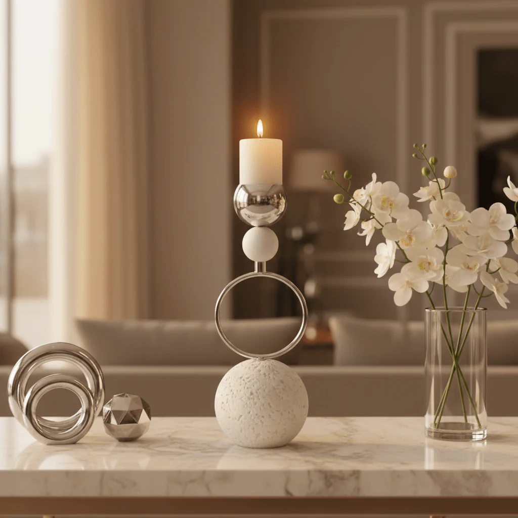 Silver Metal Candle Holder with White Round Chalk Base for Table Centerpieces – 23cm - Image 4