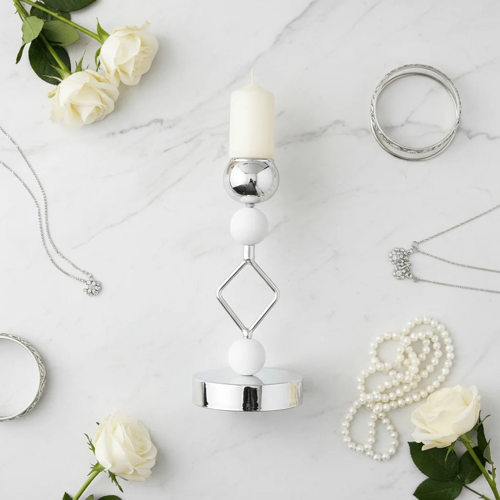 Silver & White Metal Decorative Candle Holder for Living Room Decoration – 19cm - Image 3