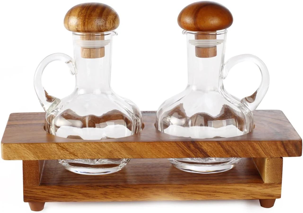 Billi Acacia Wood & Glass Oil and Vinegar Cruet Set | 2-Bottle Condiment Dispenser with Wooden Stand