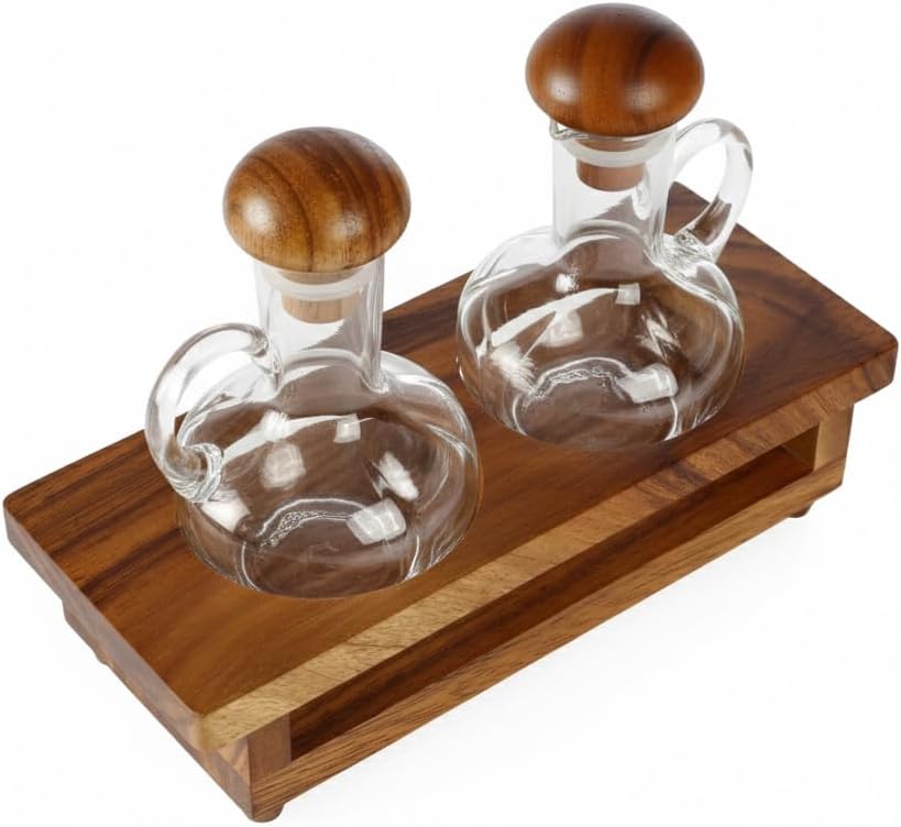 Billi Acacia Wood & Glass Oil and Vinegar Cruet Set | 2-Bottle Condiment Dispenser with Wooden Stand - Image 2