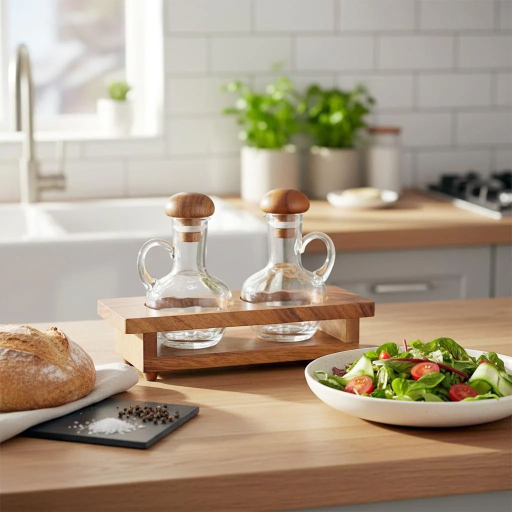Billi Acacia Wood & Glass Oil and Vinegar Cruet Set | 2-Bottle Condiment Dispenser with Wooden Stand - Image 3