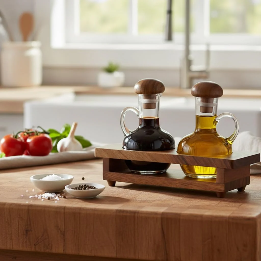 Billi Acacia Wood & Glass Oil and Vinegar Cruet Set | 2-Bottle Condiment Dispenser with Wooden Stand - Image 4