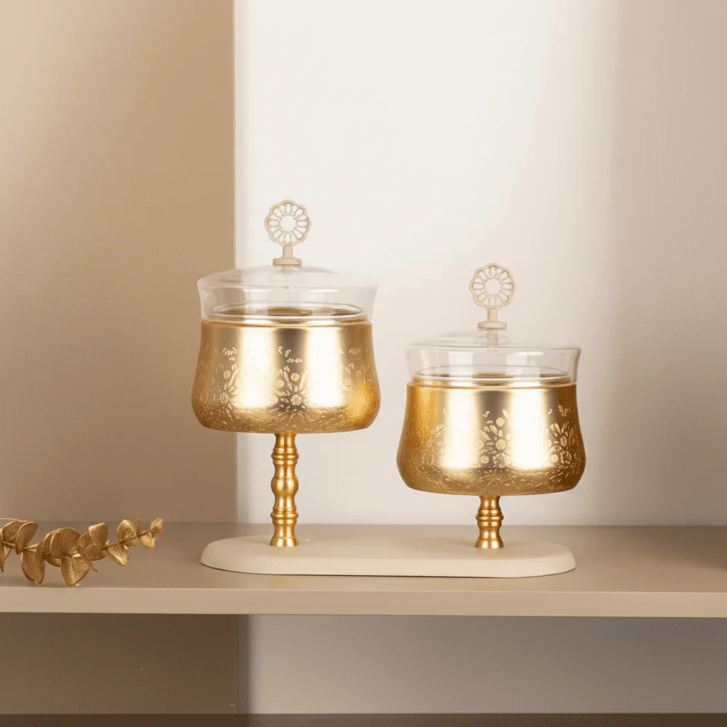 Otantik Nourhan Luxury Gold Nuts Serving Set with Glass Domes & Marble Tray - 2 Bowls