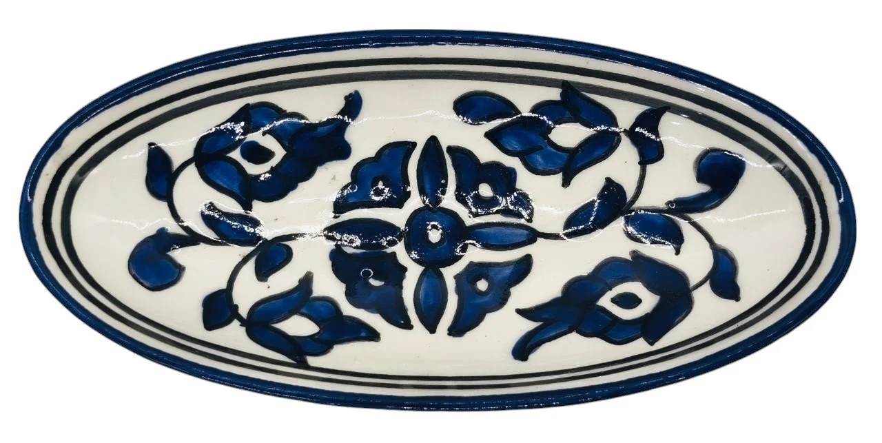 SLAMA Oval Ceramic Plate 20cm, Floral Blue