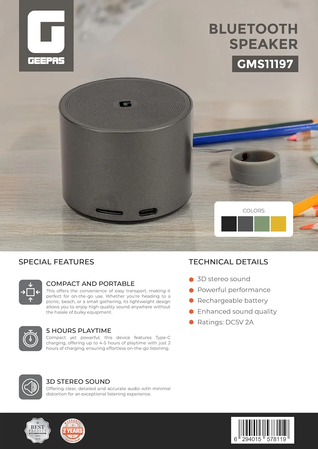 GMS11197 HiFi Portable Bluetooth Speaker – 3D Stereo, USB‑C, 5 H Playtime, Compact & Powerful (Assorted Colors) - Image 2