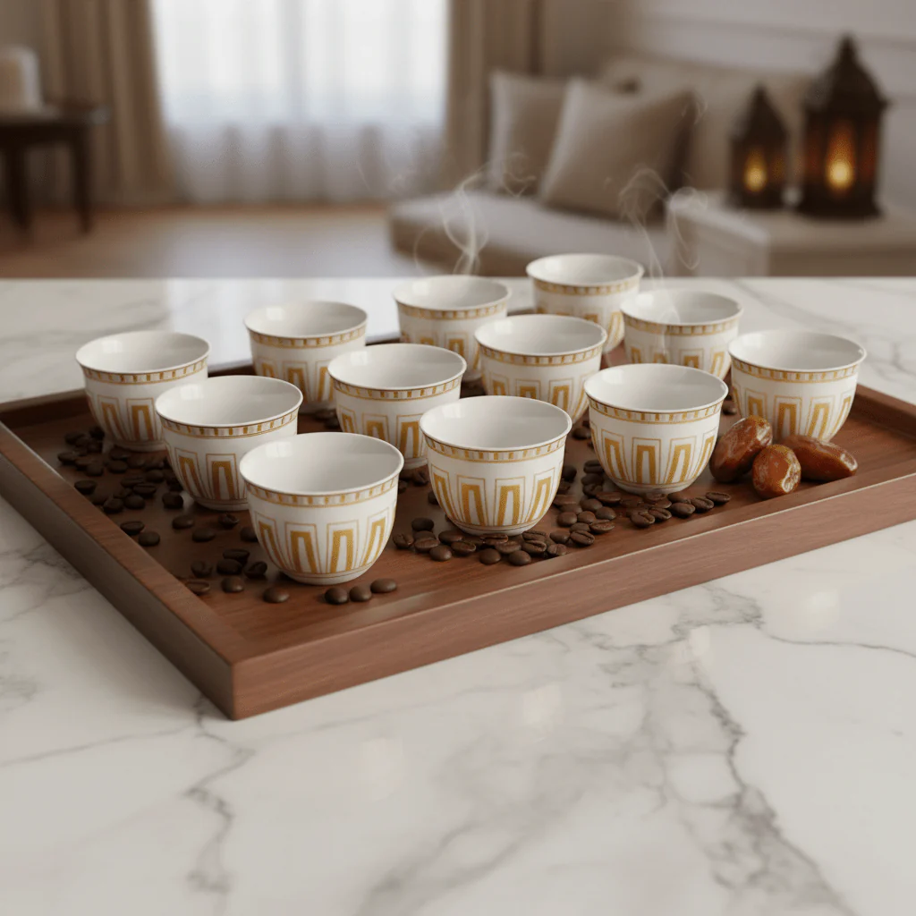 Solecasa 12pcs White Ceramic Cawa Cup Set with Light Peach Decorative Design 80ml Elegant Mini Cups for Coffee Tea and Home Serving Use - Image 2