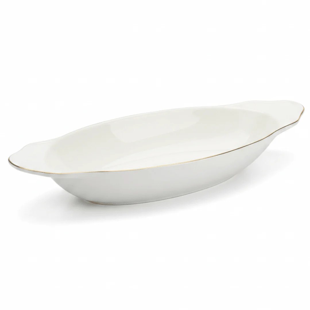 Solecasa Off-White Oval Ceramic Fruit Bowl with Gold Rim - 15.2 Inch