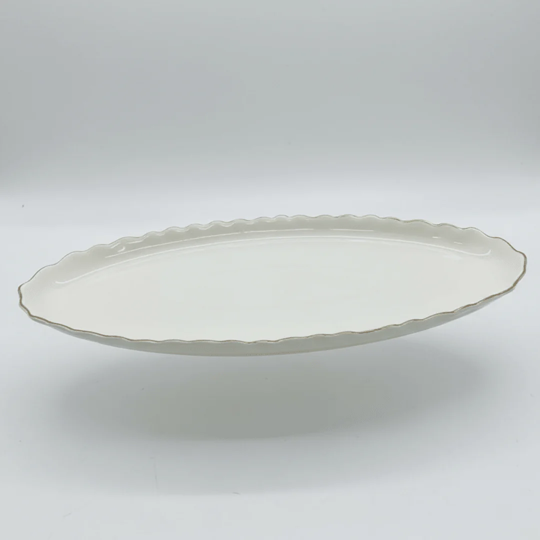 Solecasa Off-White Oval Ceramic Plate with Gold Rim - 15.75 Inch