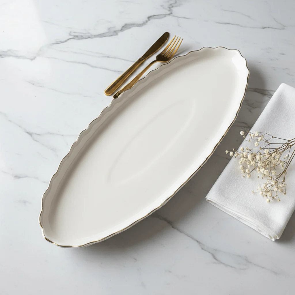 Solecasa Off-White Oval Ceramic Plate with Gold Rim - 15.75 Inch - Image 3