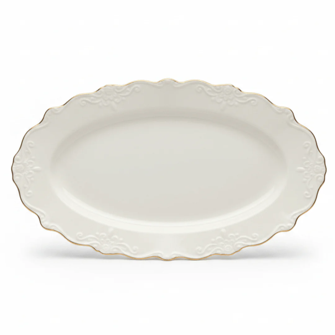 Solecasa Off-White Oval Ceramic Serving Plate with Gold Rim - 35 x 25 cm