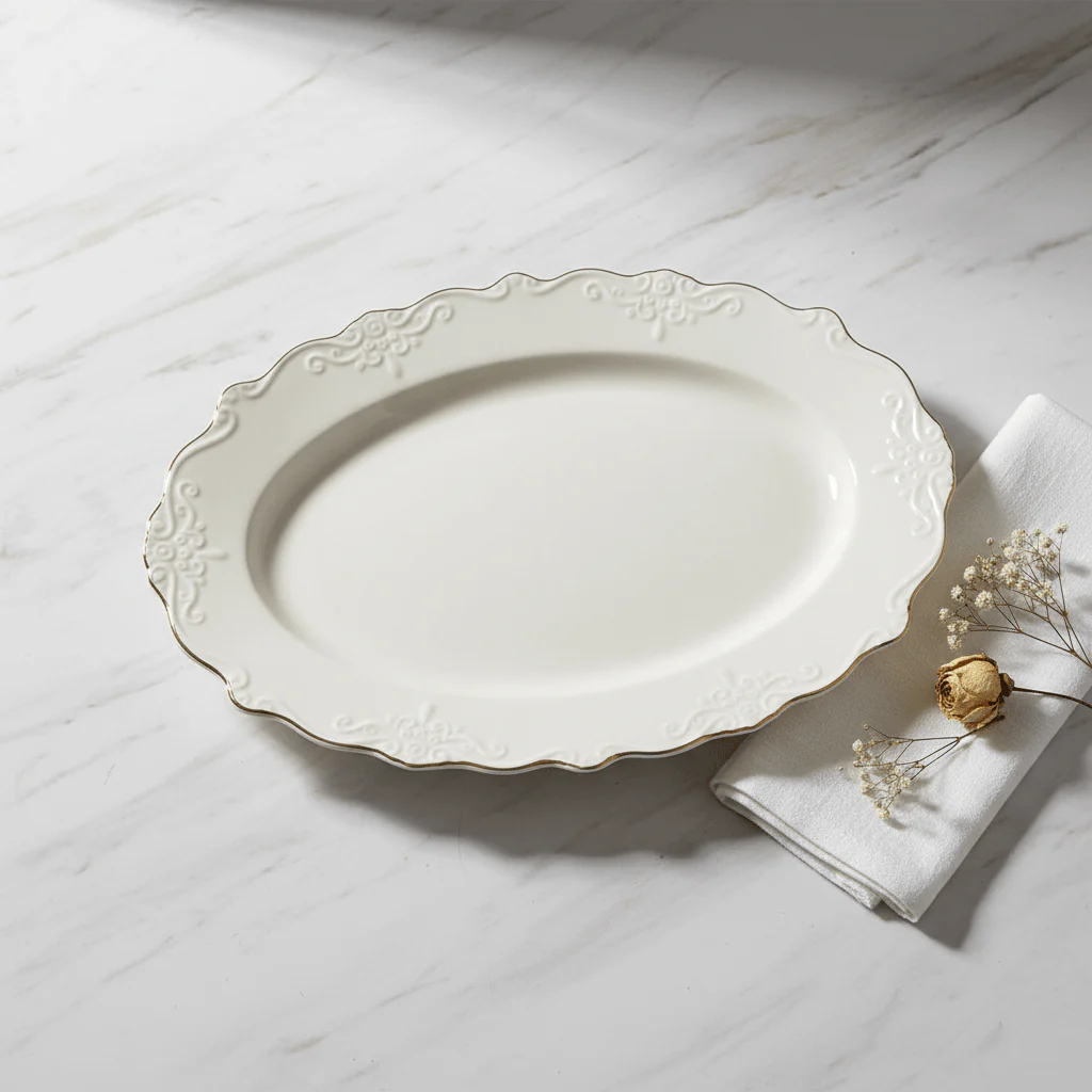Solecasa Off-White Oval Ceramic Serving Plate with Gold Rim - 35 x 25 cm - Image 2