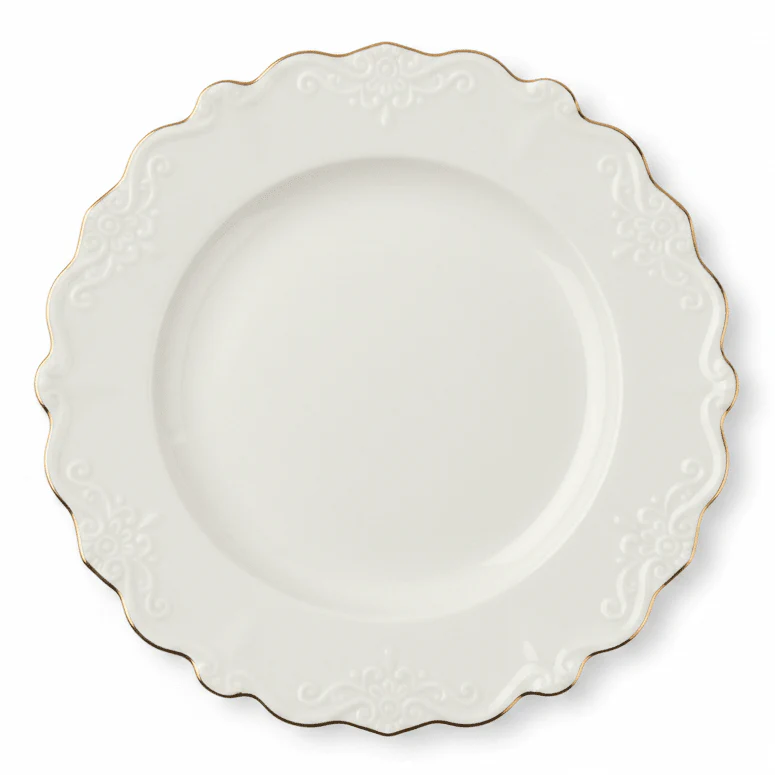 Solecasa Off-White Round Ceramic Dinner Plate with Gold Rim - 10.5 Inch