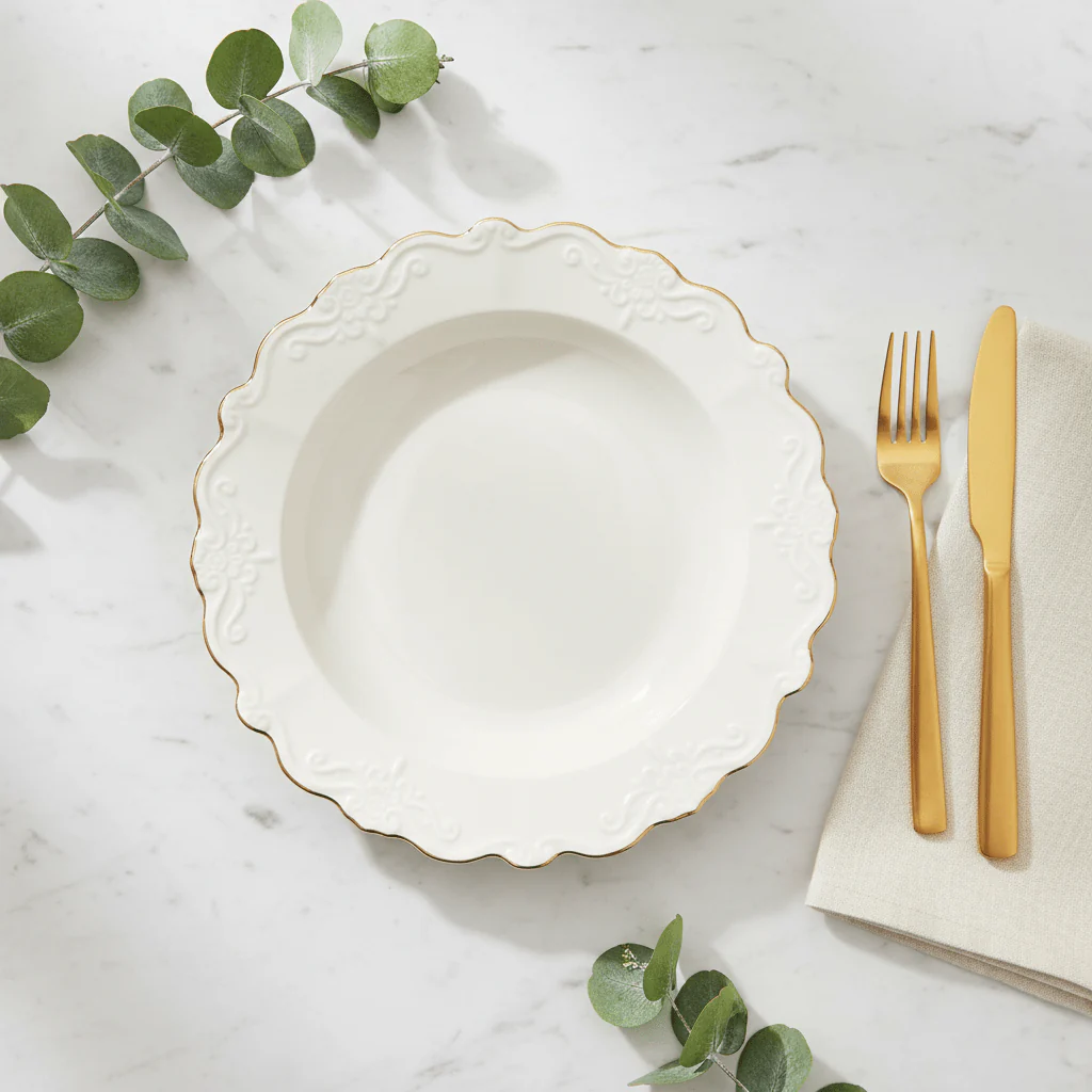 Solecasa Off-White Round Ceramic Plate with Gold Rim - 8.5 Inch - Image 3
