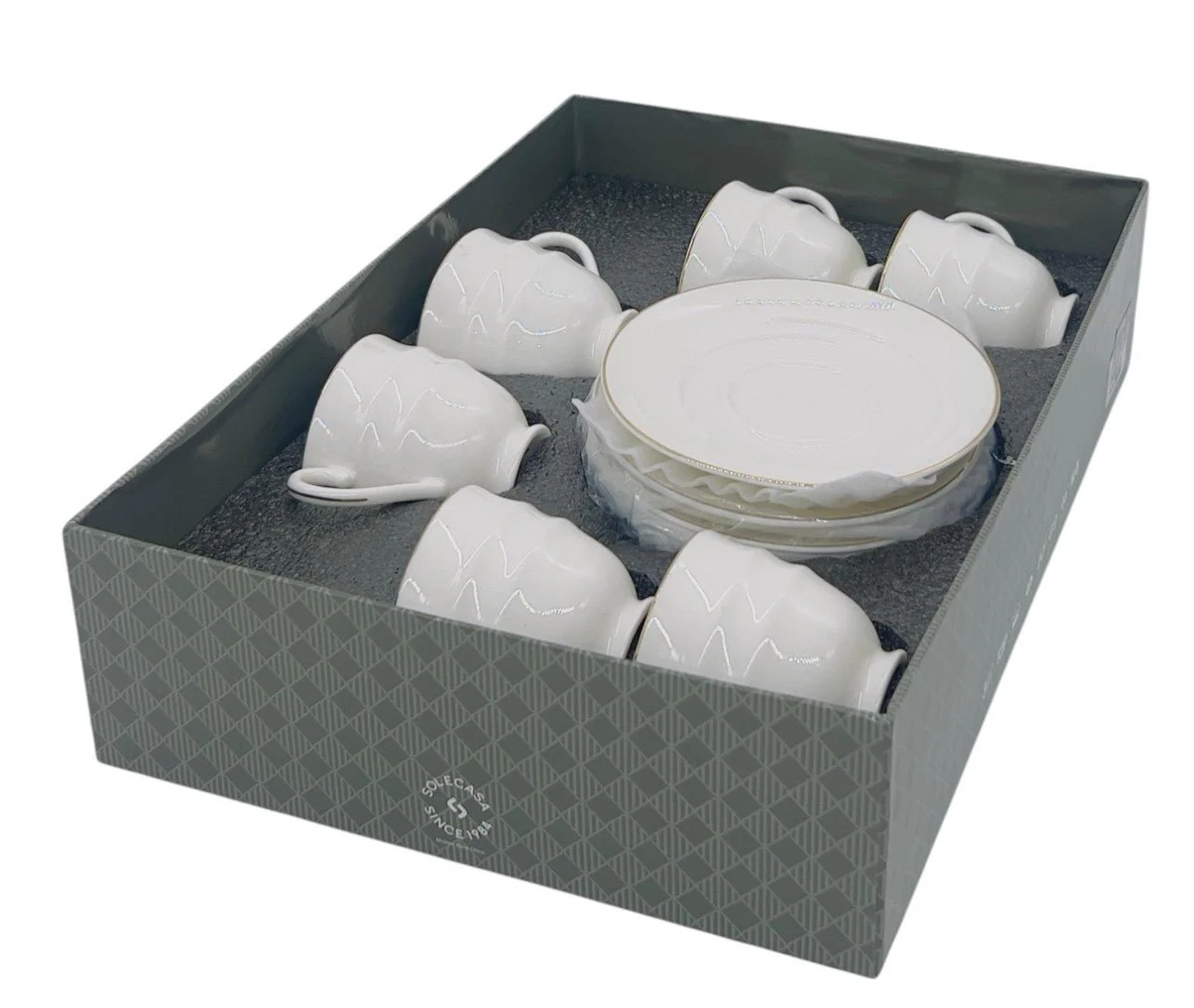 SOLECASA Porcelain Cup and Saucer 6pcs Set 90ml, Elegant Design, White - Image 2