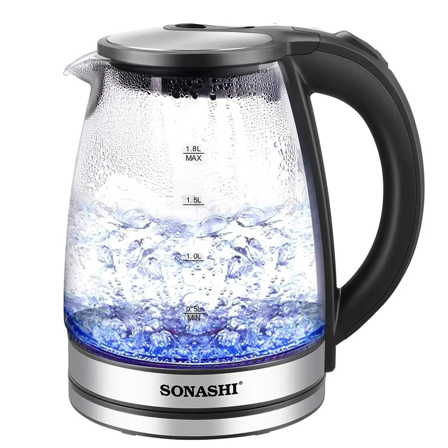Sonashi 1.8 L Cordless Kettle SKT-1809 - Glass Kettle w/Safety Lock Lid, 360-degree Swivel Base, Auto Shutdown, Power On/Off Indicator Light