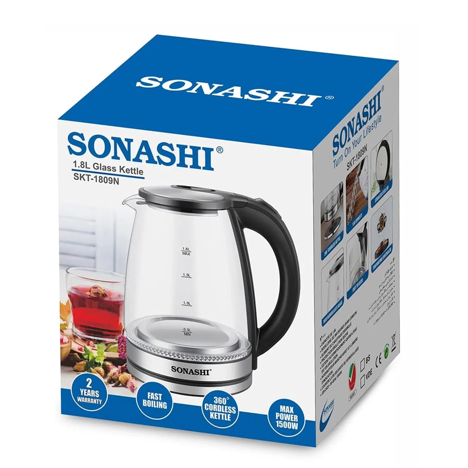 Sonashi 1.8 L Cordless Kettle SKT-1809 - Glass Kettle w/Safety Lock Lid, 360-degree Swivel Base, Auto Shutdown, Power On/Off Indicator Light - Image 7