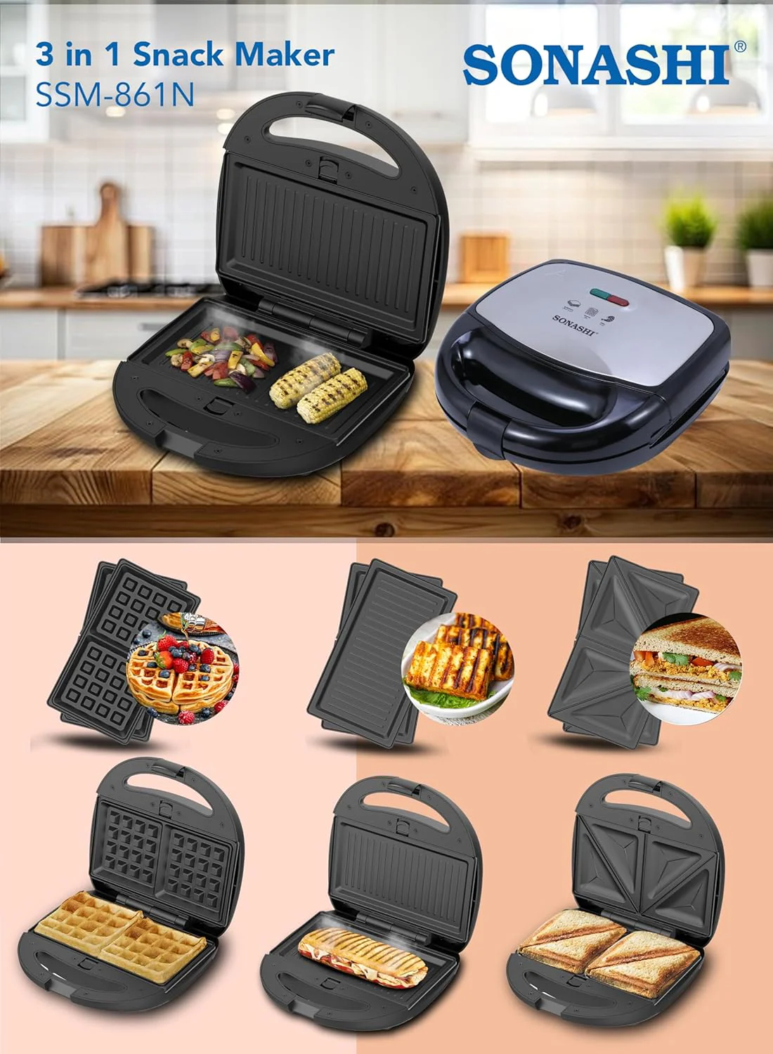 Sonashi 3-in-1 Multi Snack Maker SSM-861 - Detachable Sandwich, Grill, Waffle Making Plates with Bakelite Coating - Image 4