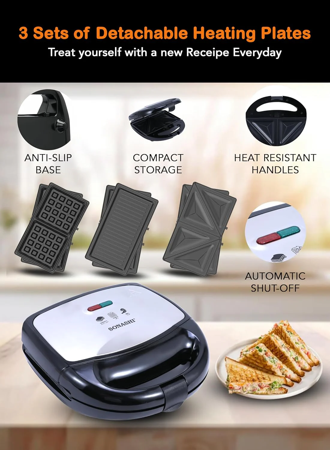 Sonashi 3-in-1 Multi Snack Maker SSM-861 - Detachable Sandwich, Grill, Waffle Making Plates with Bakelite Coating - Image 5
