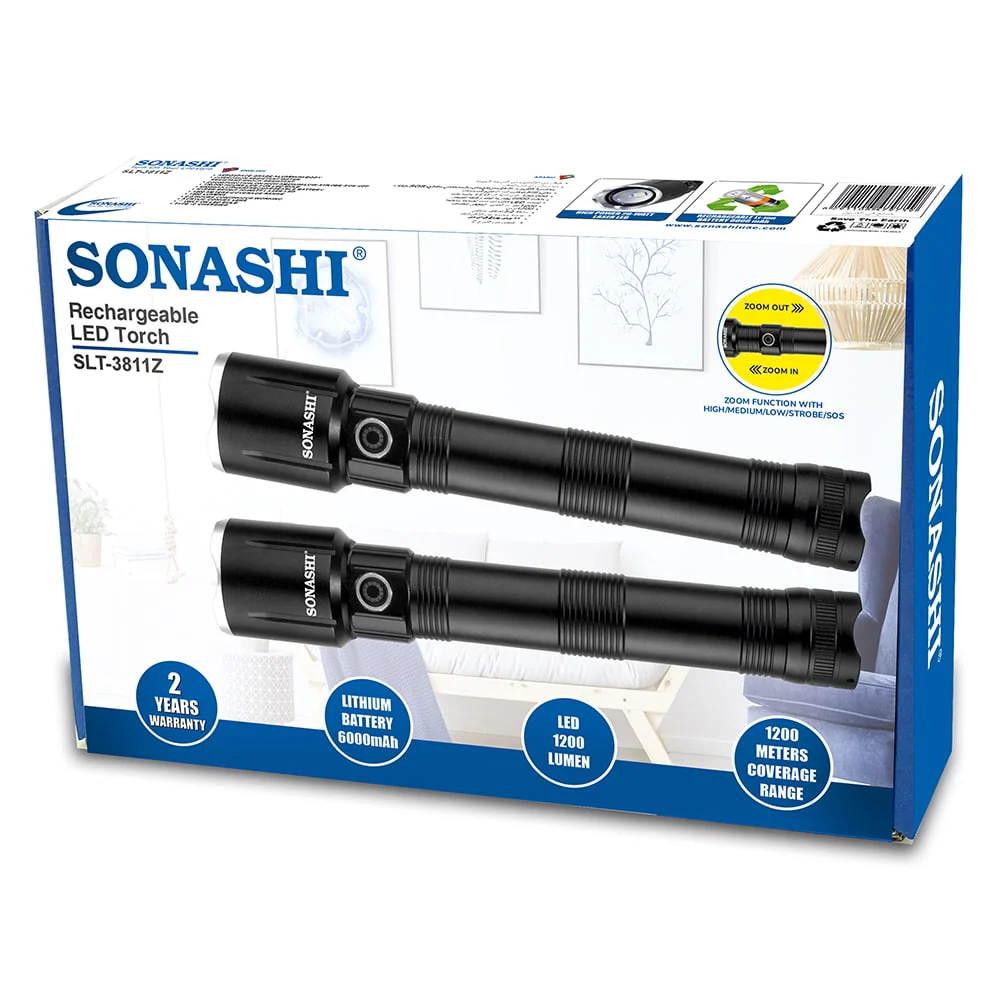 Sonashi 6000mAh Rechargeable LED Torch Set of 2 | 1200 Meter Coverage | Long Battery Life | Black Color with Acrylic Lens - Image 2