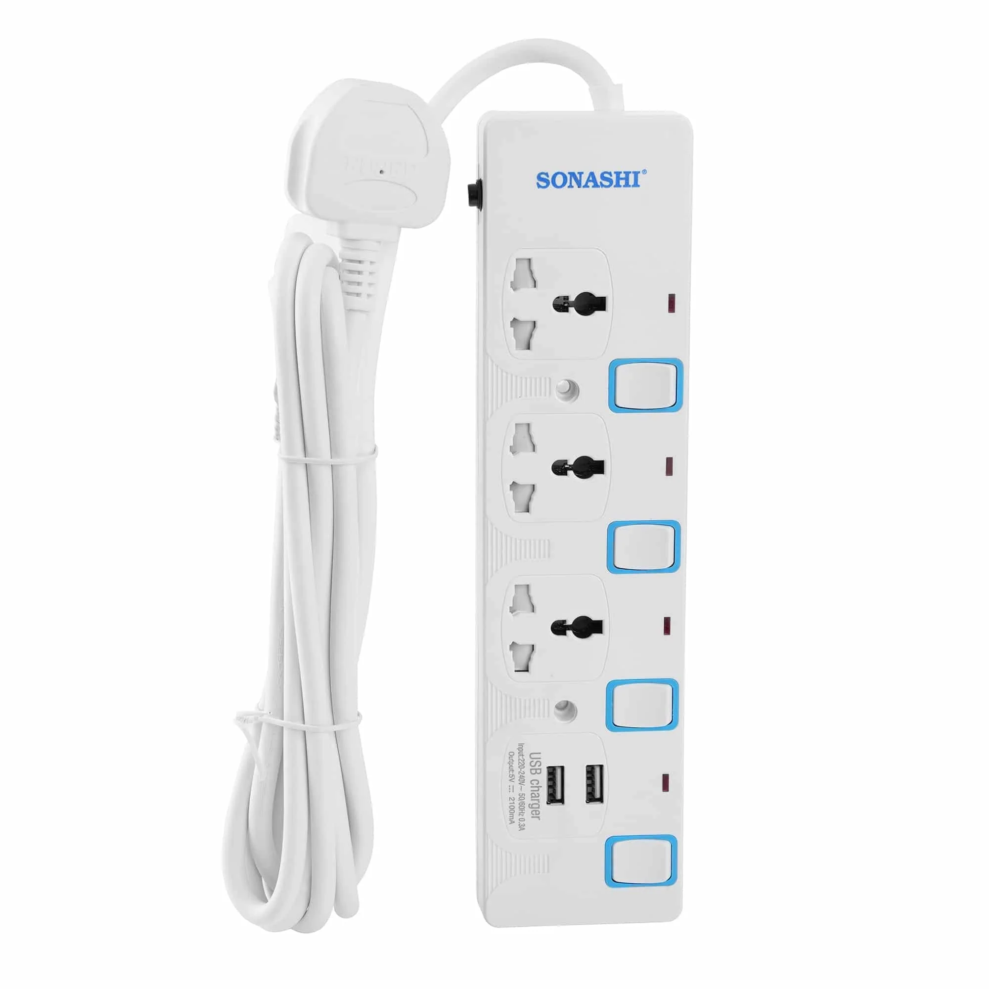 SONASHI Extension Socket 3Way with 2 USB Output Port 3250 Watt, 3 meter Cord with Overheat Protection, SES-904U White - Image 2