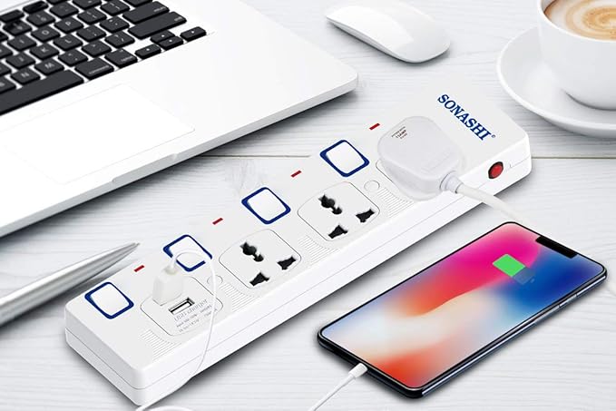 SONASHI Extension Socket 3Way with 2 USB Output Port 3250 Watt, 3 meter Cord with Overheat Protection, SES-904U White - Image 4