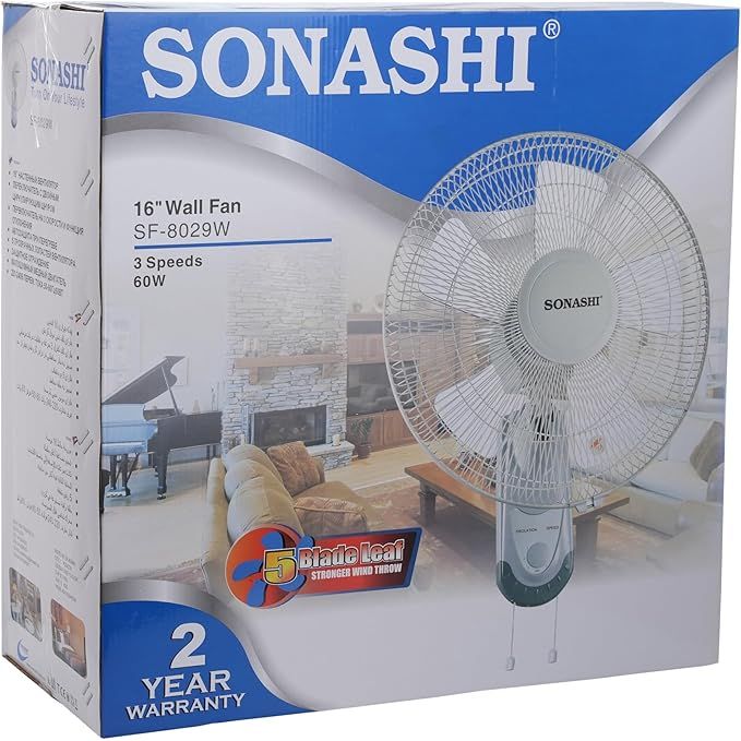 SONASHI SF-8029W Wall Fan Ð [White/Grey] 16 in. Wall Hanging Fan with Circulating Double String Switch, 3 Speed Switch, 5 Transparent Blade Leaf | Perfect Home Decor Appliance - Image 5