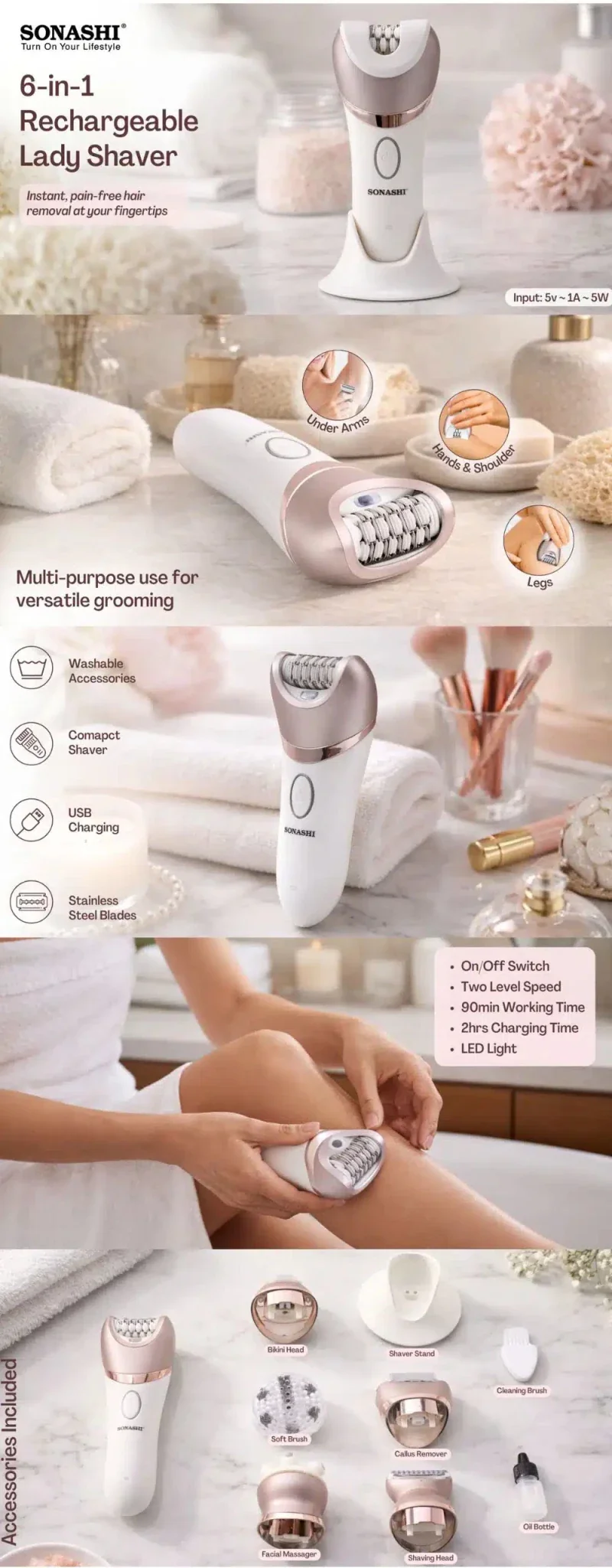 Sonashi 6 In 1 Rechargeable Lady Shaver SLD-825 - Image 6