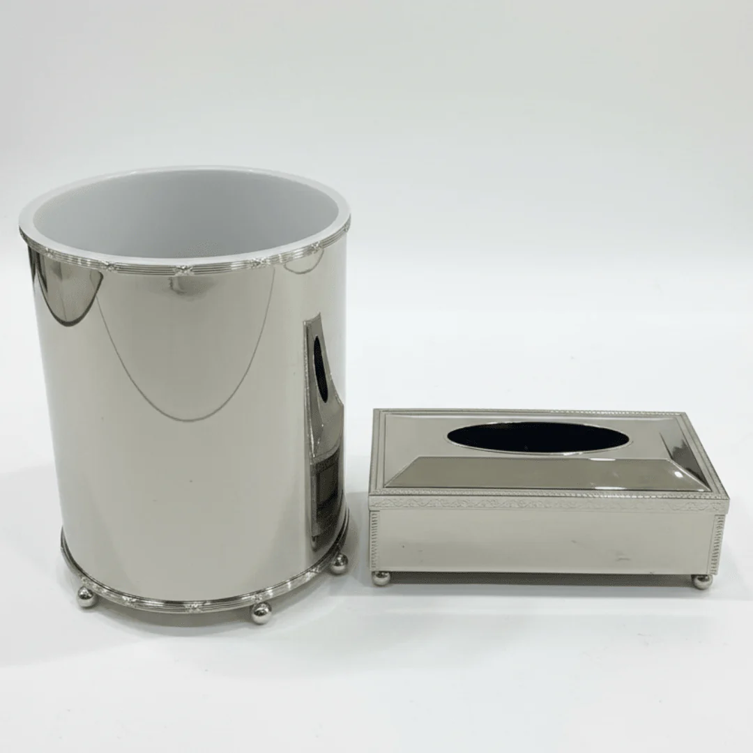 Stylish Acrylic Dustbin with Silver Base and Matching Tissue Box Set – Contemporary Design – 27 × 22 cm & 26 × 13 cm