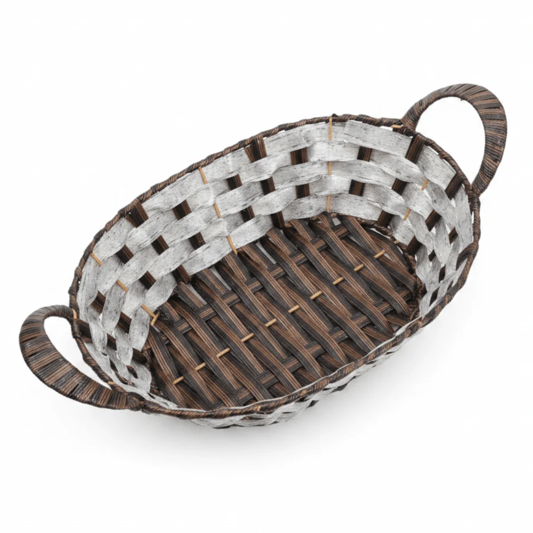 Stylish Grey & Brown Oval Rattan Utility Basket with Comfortable Handle for Storage Display and Organizing 31×24 cm