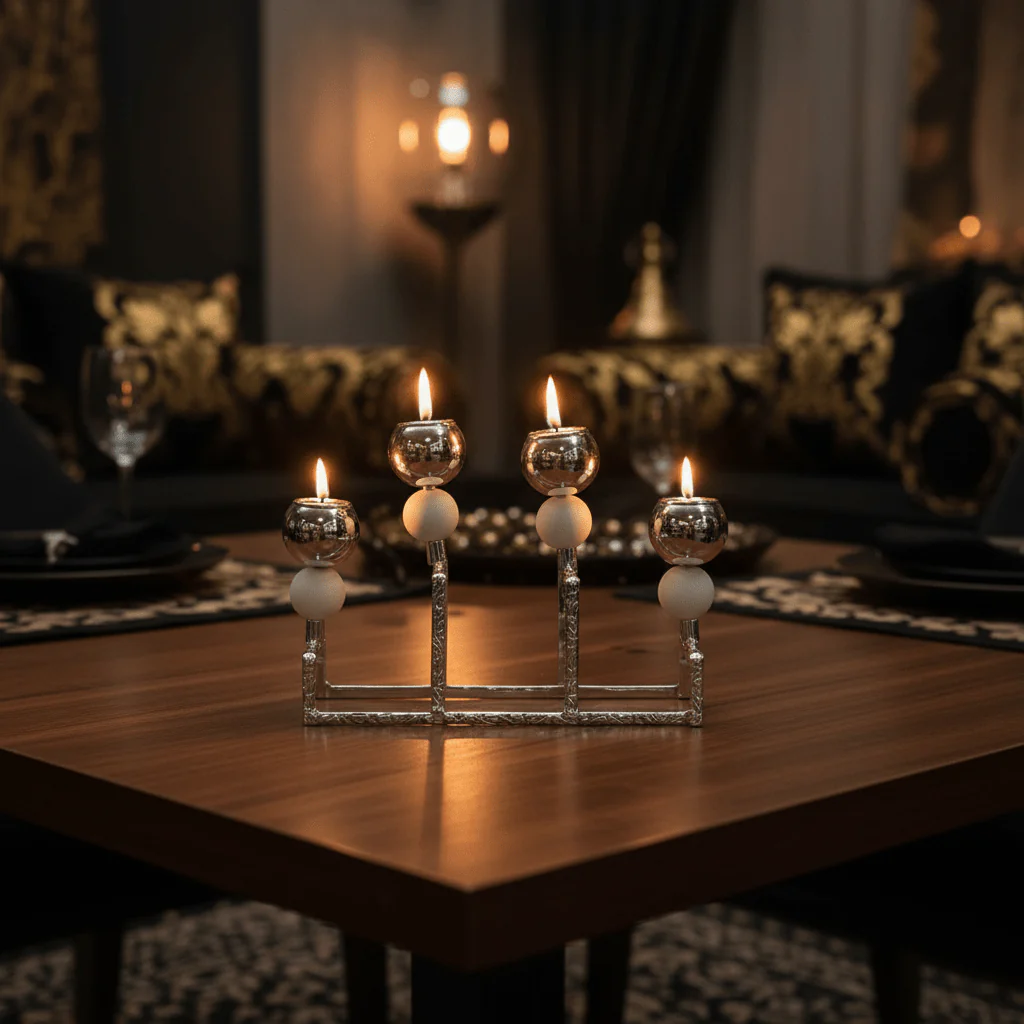 Stylish Silver & White Metal 4 Way Candle Holder Stand for Modern Interior Decoration – 20cm - Image 2