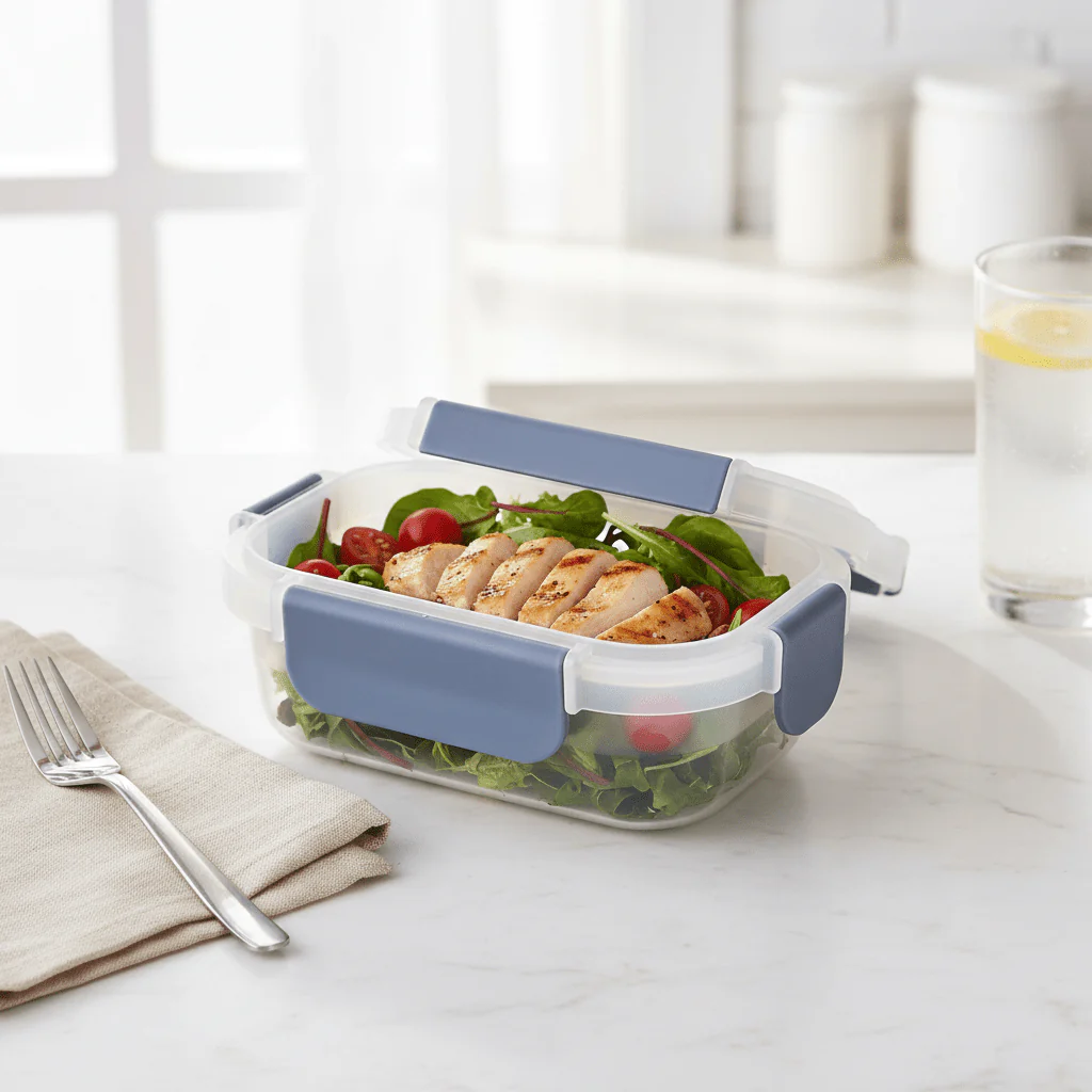Super Lock Plastic Rectangular Food Container With Lid 300ml-Blue&Transparent - Image 2