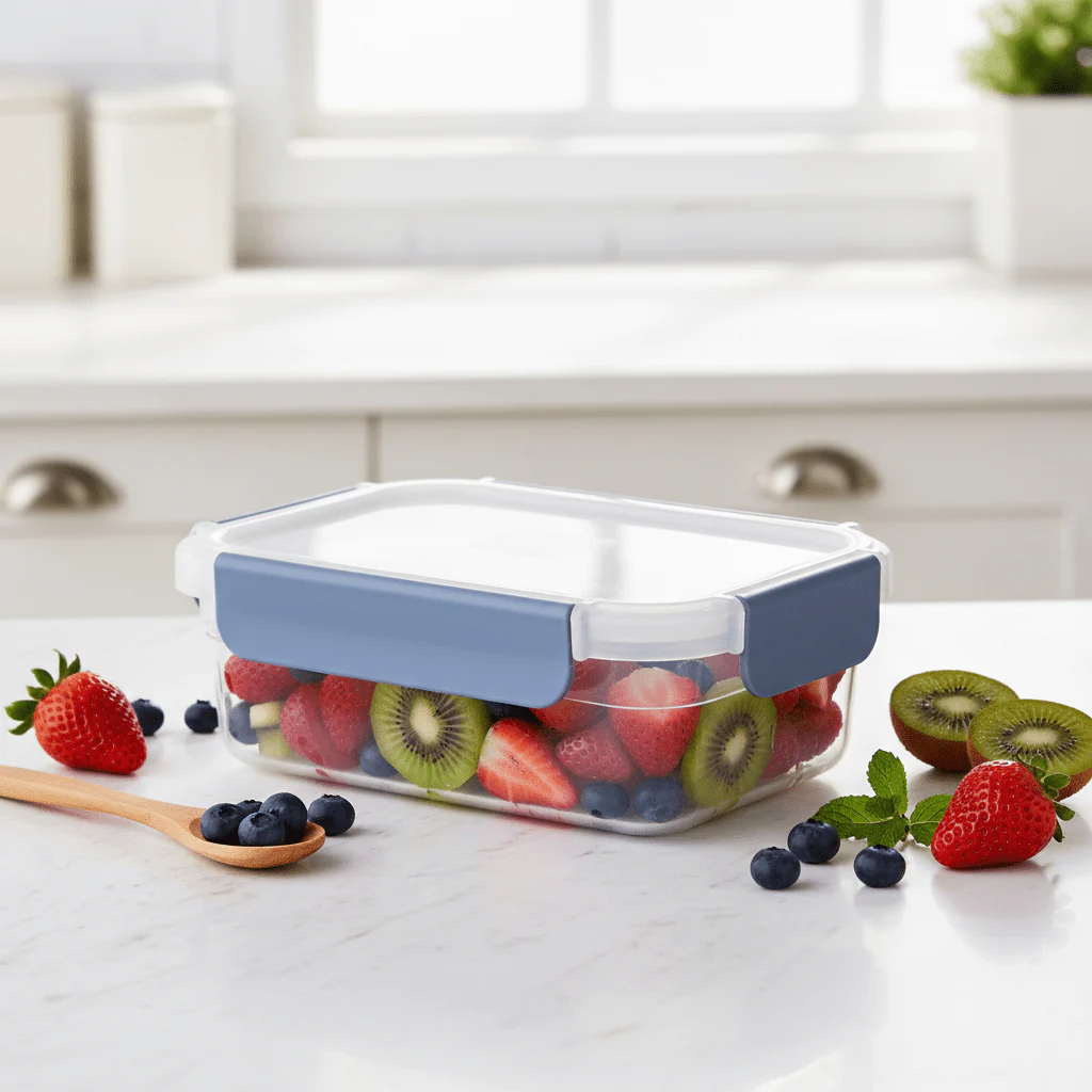 Super Lock Plastic Rectangular Food Container With Lid 900ml-Blue&Transparent - Image 2