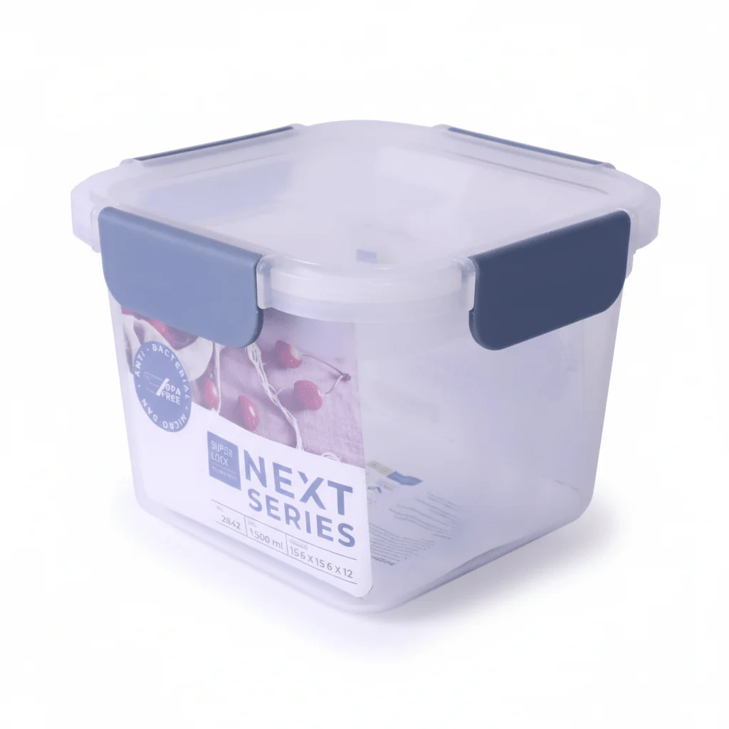 Super Lock Plastic Square Food Container With Lid1500ml-Blue&Transparent