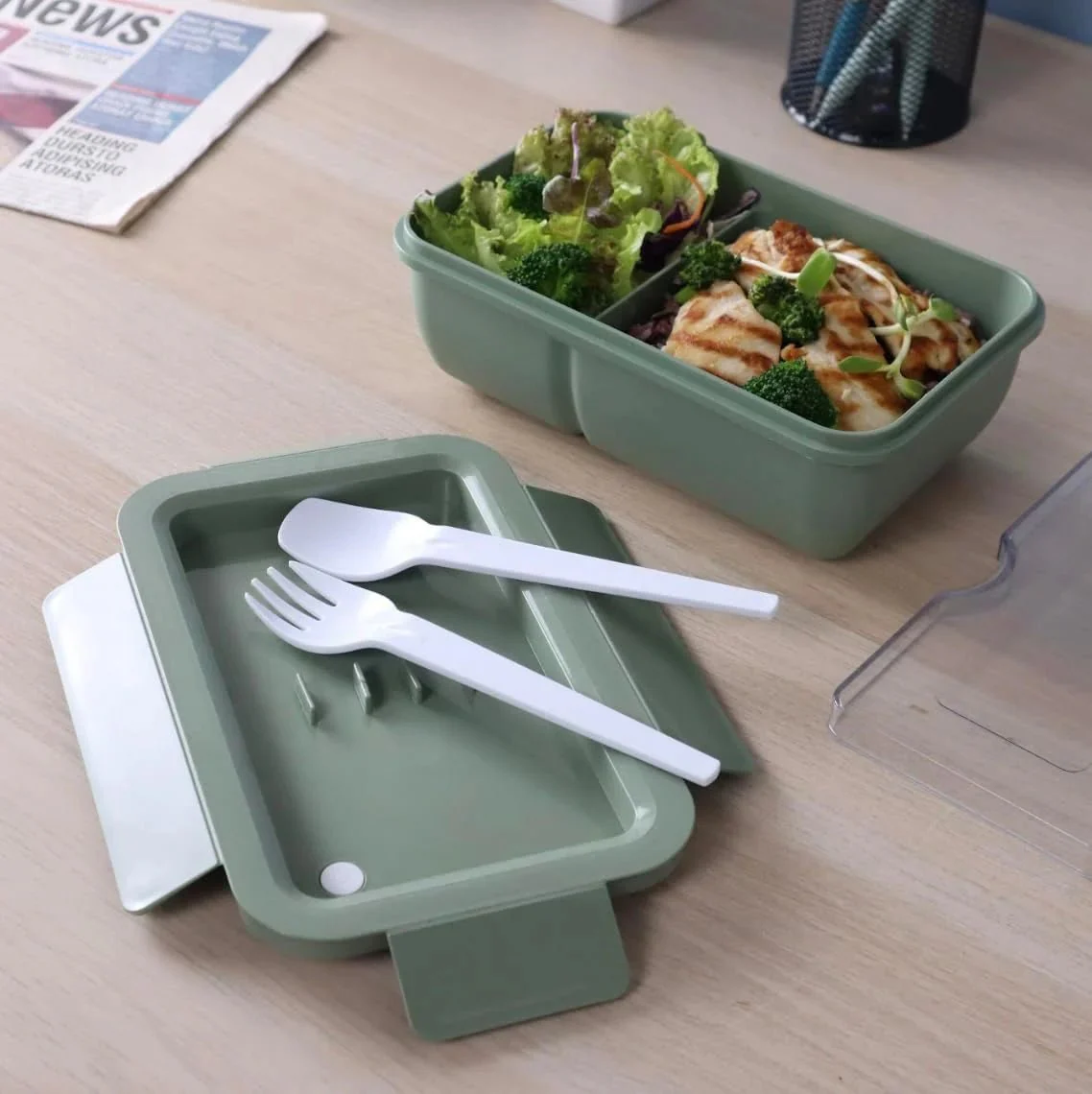 SUPER LOCK Wheat Straw Eco Rectangular Lunch Box 1000ml with Cutlery, Green - Image 2