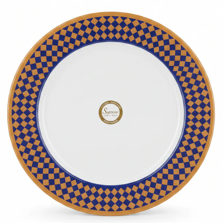Supreme Round White Melamine Dinner Plate with Royal Blue & Golden Checkered Rim Design, Elegant & Break-Resistant Serving Plate – 11 Inch