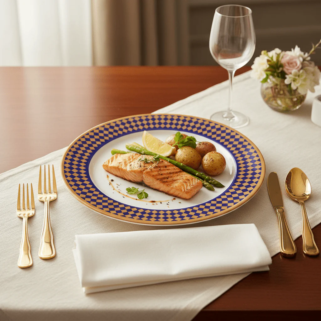 Supreme Round White Melamine Dinner Plate with Royal Blue & Golden Checkered Rim Design, Elegant & Break-Resistant Serving Plate – 11 Inch - Image 2